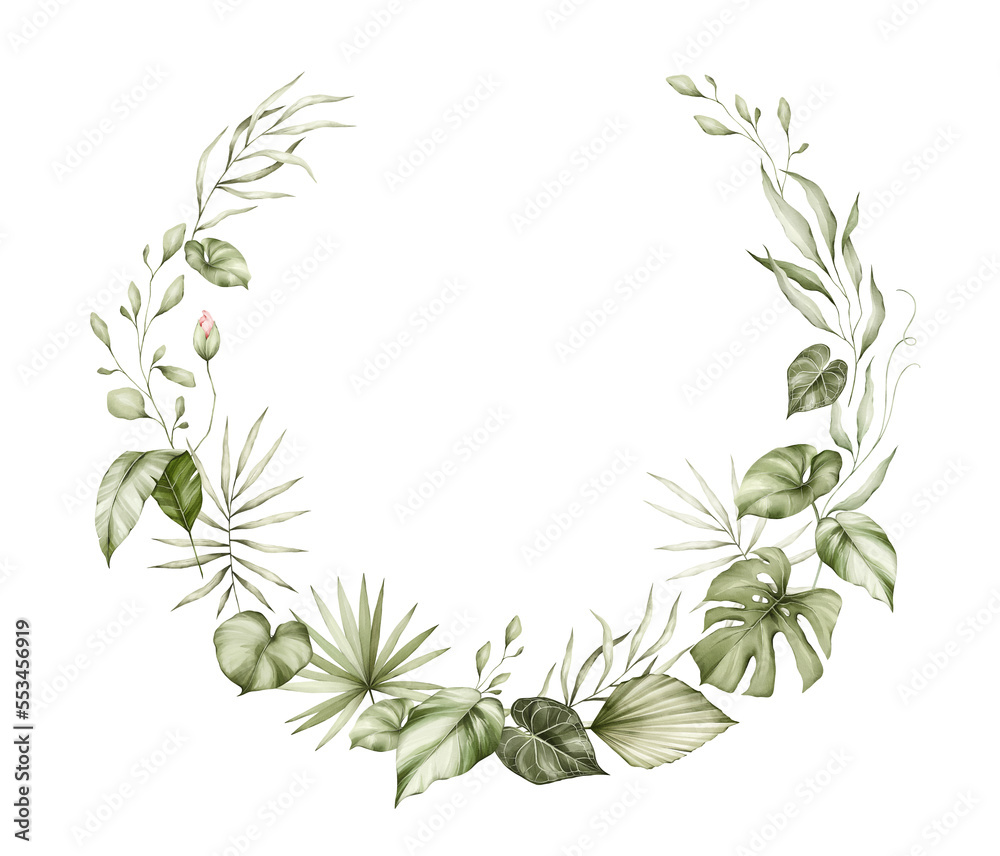 Tropical leaves watercolor wreath. Monstera, palm tree and other jungle plants. Floral frame, botanical card for wedding invitation. 