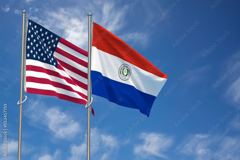 United States of America and Republic of Paraguay Flags Over Blue Sky Background. 3D Illustration