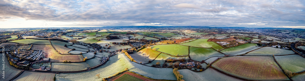 Frosty fields and farms from a drone, Torquay, Torbay, Devon, England, Europe