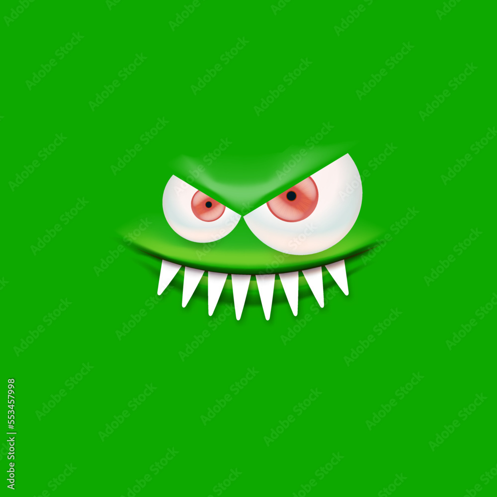 Fototapeta premium Vector funny angry green monster face with open mouth with fangs and evil eyes isolated on green background. Halloween cute and angry monster design template for poster, banner and tee print