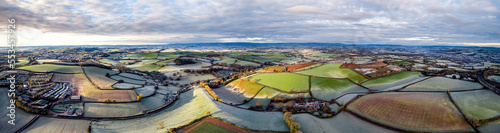Frosty fields and farms from a drone, Torquay, Torbay, Devon, England, Europe