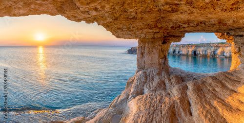 Landscape with sea cave at sunset, Ayia Napa, Cyprus photo