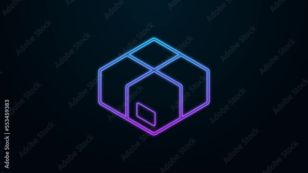 Glowing neon line Carton cardboard box icon isolated on black background. Box, package, parcel sign. Delivery and packaging. 4K Video motion graphic animation
