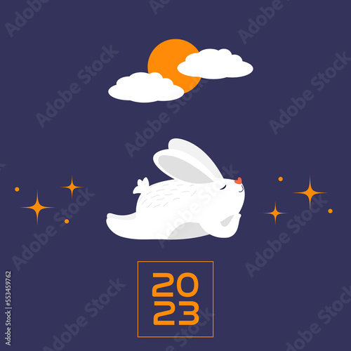 Lying white rabbit. Moon, stars, magic. Chinese new year 2023 - year of the rabbit. Vector illustration