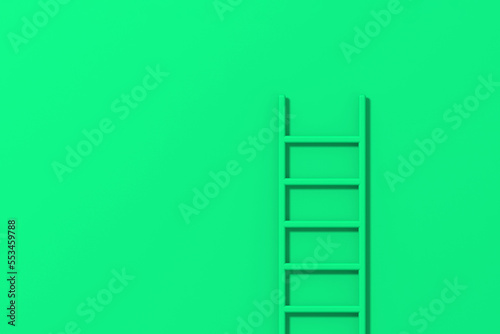 green staircase on green background. Staircase stands vertically near wall. Way to success concept. Horizontal image. 3d image. 3D rendering.