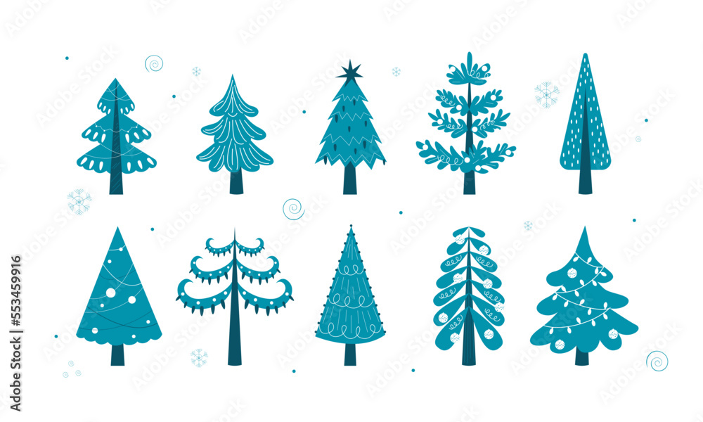 Vector set of drawing Christmas trees, pines in blue tones for greeting card. New Years and xmas traditional symbol tree with garlands, light bulb, star.
