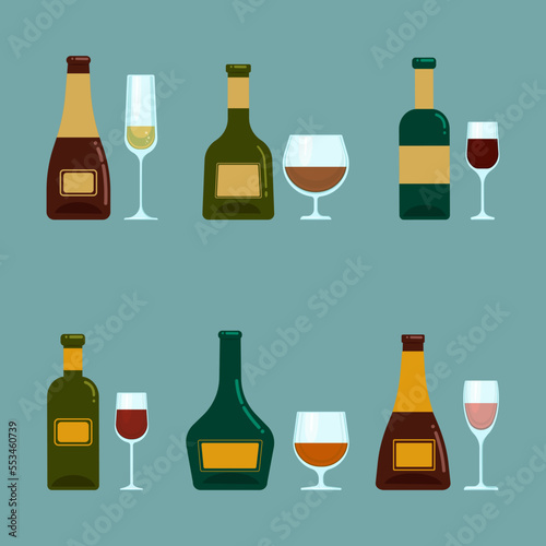 A set of bottles with alcohol and various glasses. Vector objects in flat style, isolated. Alcoholic drinks and crystal glasses.