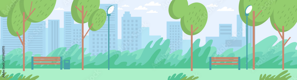 A city park with a path, benches, trees, lanterns and bushes. Trees on the background of the city with large houses. Horizontal banner. A green park area in the center of a big city. Flat style vector
