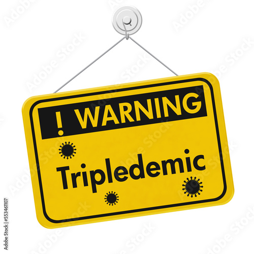 Tripledemic message for RSV, covid-19 and flu yellow warning sign photo