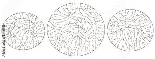Set of contour illustrations of stained glass Windows with dolphins, dark contours on a white background