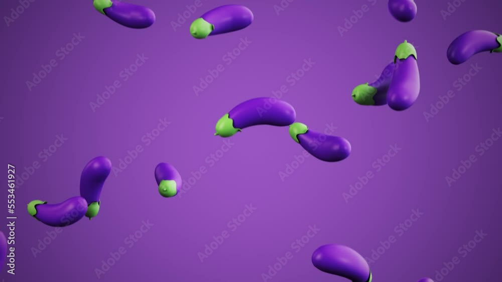 Eggplant emoji emoticon falling with purple background 3d loop animation