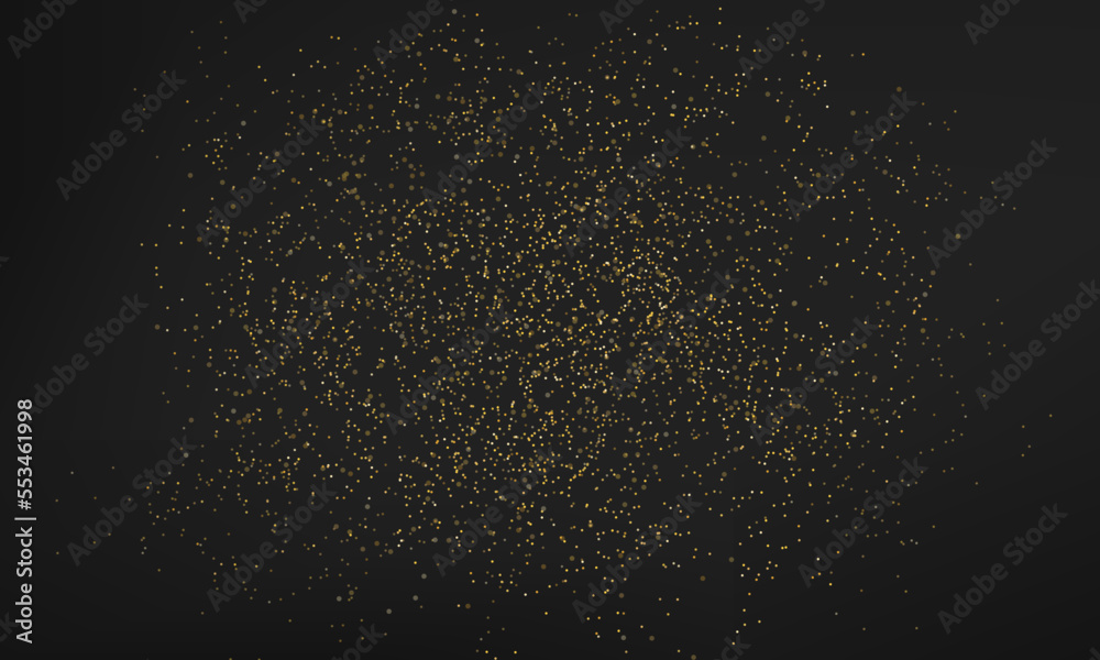 Golden glitter texture on black background. Shining golden confetti particles. Abstract grainy effect. Vector illustration