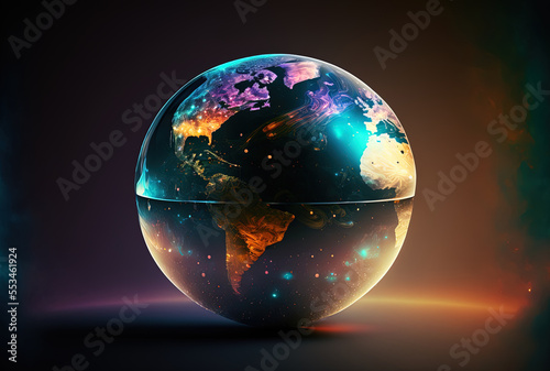 Holographic Earth with a blurry backdrop notion of global commerce and communication. Generative AI