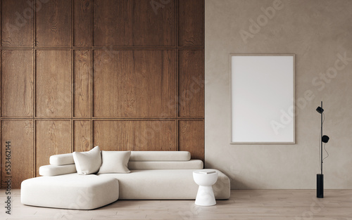 3d rendering of modern living room with white sofa and floor lamp, decorative wall with wooden panels, wooden floor. Empty white frame for picture or art on wood panel. Frame mockup. 3d rendering
