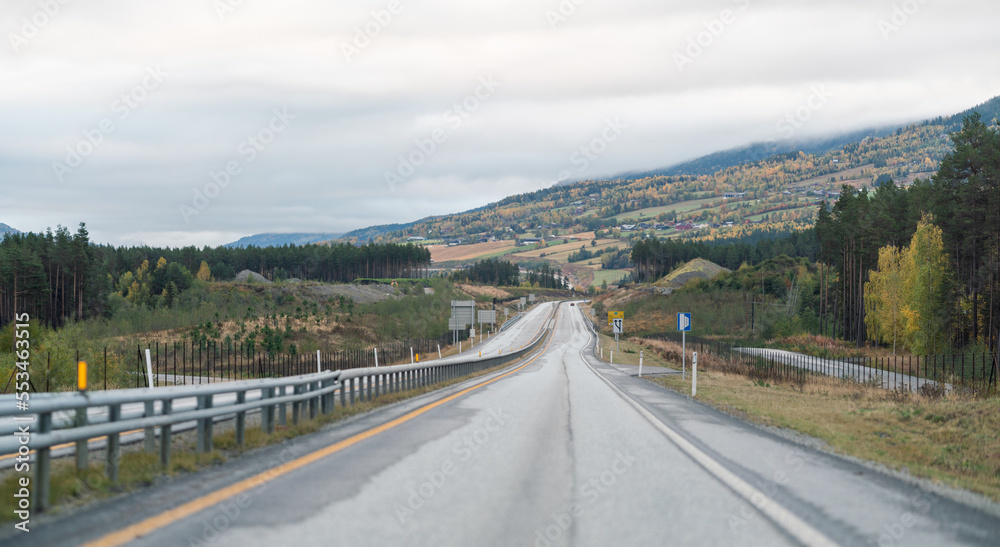 Highway e6 in Vinstra Norway during fall.