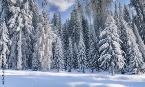 snow covered evergreen trees in winter forest, winter landscape 