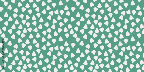 White forms are scattered across the green canvas. Vector decor and print, stylish design of seamless surfaces.