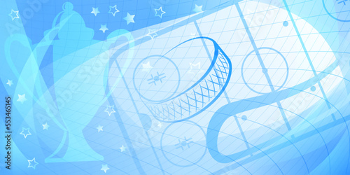 Abstract background in light blue colors with different hockey symbols such as puck, stick, ice rink, cup