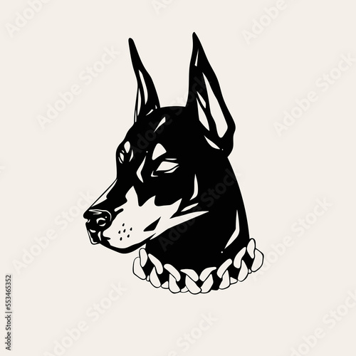 Portrait of a Doberman dog. Black dog's head. Calm dog with chain collar. Hand drawn modern isolated Vector illustration. Tattoo idea, t-shirt print, dog training logo template