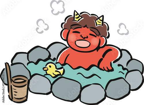 温泉でくつろぐ赤鬼のイラスト