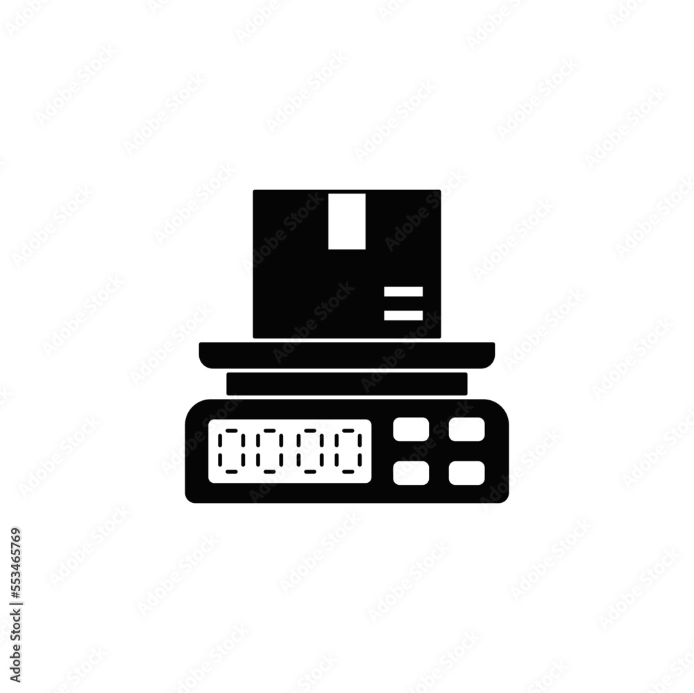 Weighing of postal parcel icon in black flat glyph, filled style isolated on white background Weighing of postal parcel icon in black flat glyph, filled style isolated on white background