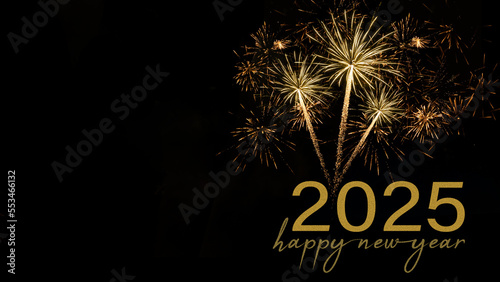 Happy new year 2025, Sylvester, new year's eve background banner holiday greeting card - Golden firework fireworks real pyrotechnics on dark black night sky photo