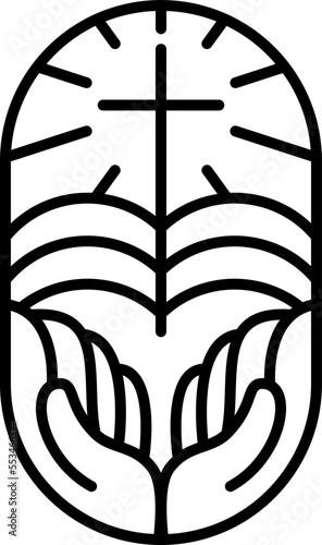 Vector religion line cross, open book Bible and hands in church. logo icon illustration isolated. Jesus Christ on Calvary is center christianity. God forgiveness and love for people