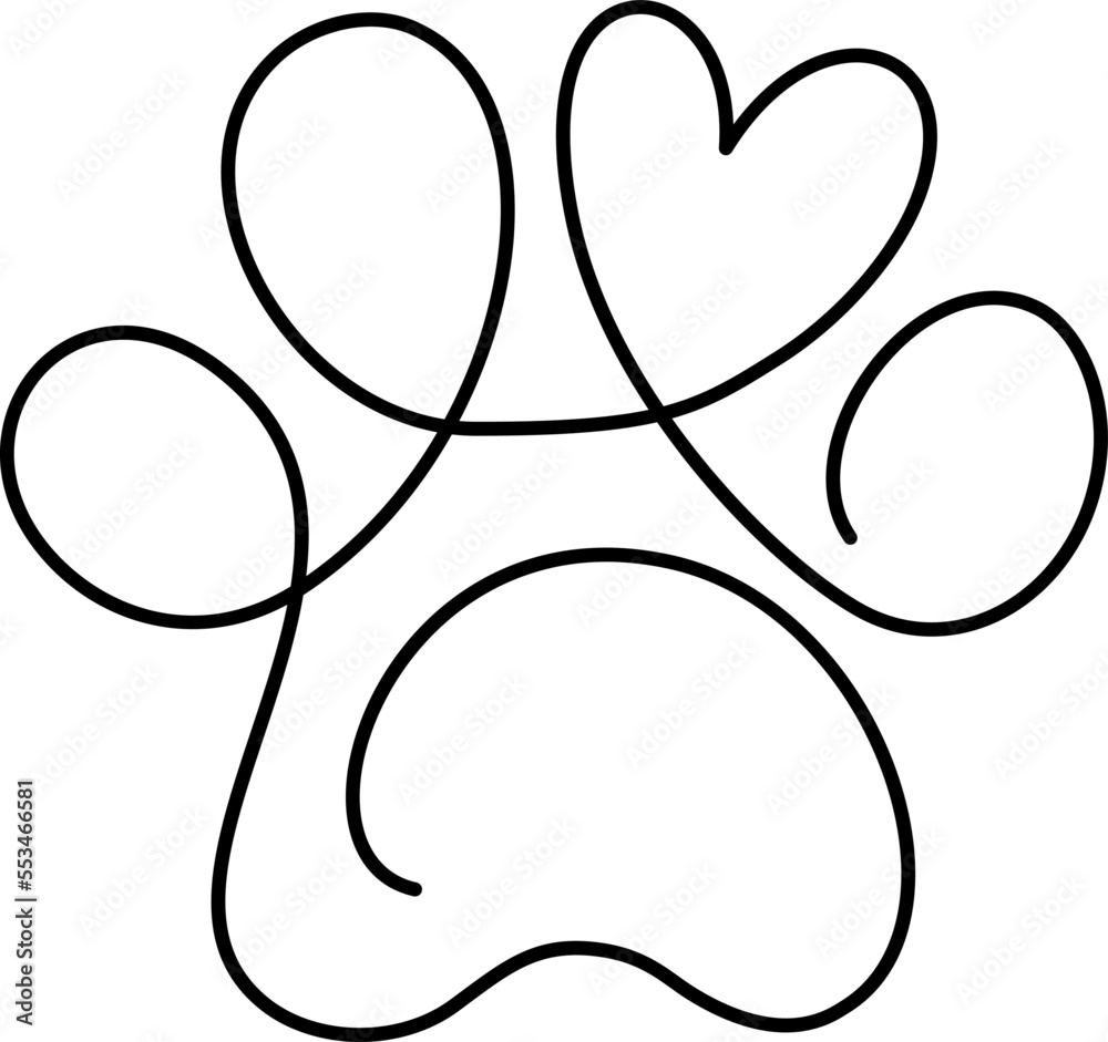 Dog or cat paw footprint and heart in continuous one line drawing logo ...