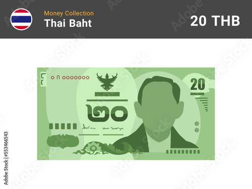 Thai baht 20 banknone. Paper money of Thailand. Twenty THB. Flat icon style. Ready cash. Currency note symbol. Vector illustration.