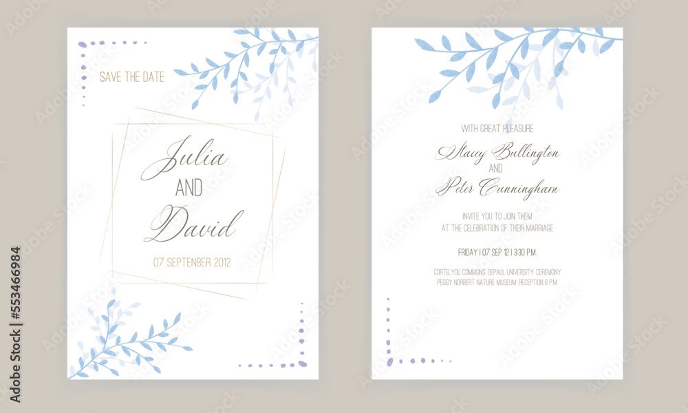 watercolor blue wedding invitation vector set

