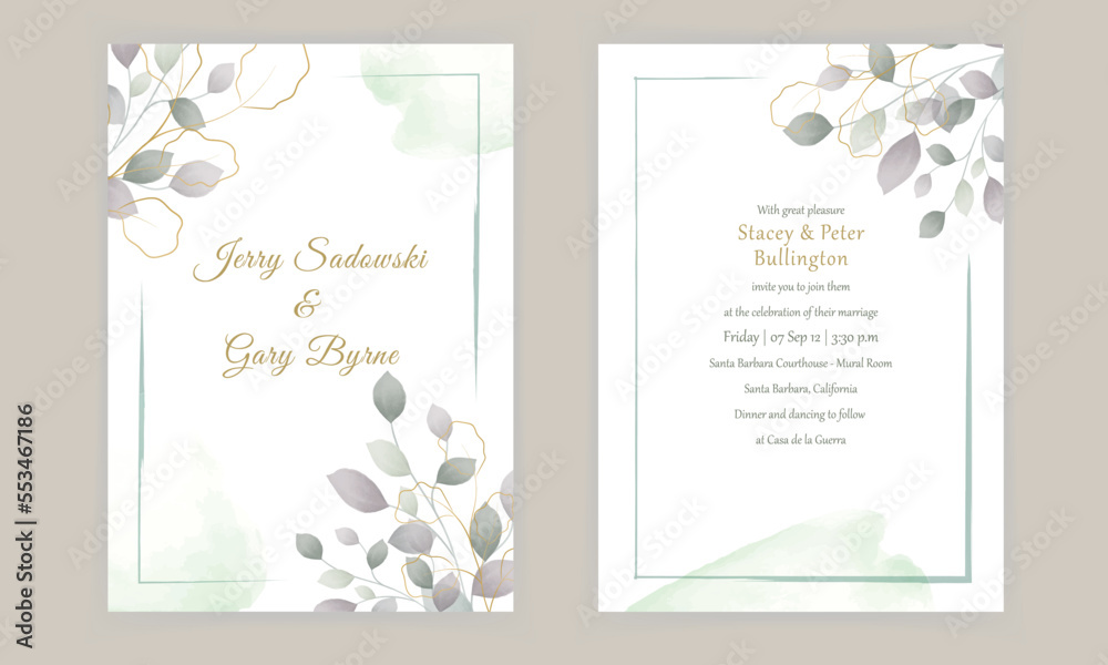 watercolor green wedding invitation vector set
