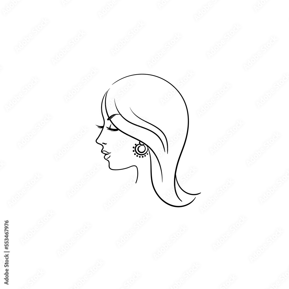 Stock vector illustration isolated on white background.Jewelry logo symbol design with beautiful woman portrait.