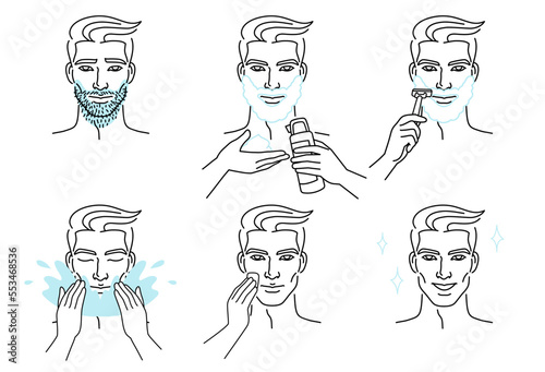 Set of men character shaving beard and taking care of facial skin. Foam and lotion. Shave with a razor. Beauty body care concept.
Vector design illustration and icons set.