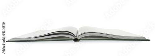 Open book with hard cover on white background