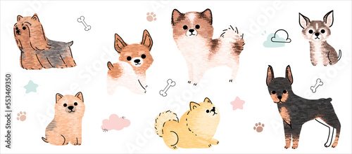 Cute dogs vector set. Cartoon dog or puppy characters design collection with flat color in different poses. Set of funny pet animals isolated on white background.