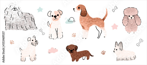 Cute dogs vector set. Cartoon dog or puppy characters design collection with flat color in different poses. Set of funny pet animals isolated on white background.