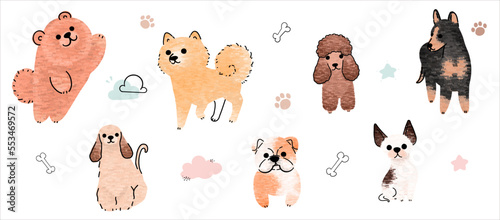 Cute dogs vector set. Cartoon dog or puppy characters design collection with flat color in different poses. Set of funny pet animals isolated on white background.