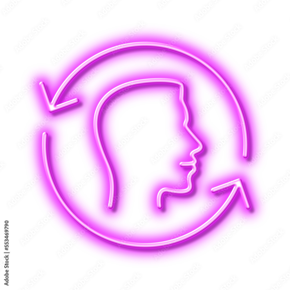 Face scanning repeat line icon. Face id update sign. Neon light effect outline icon. Face scanning repeat line icon. Face id update sign. Neon light effect outline icon.
