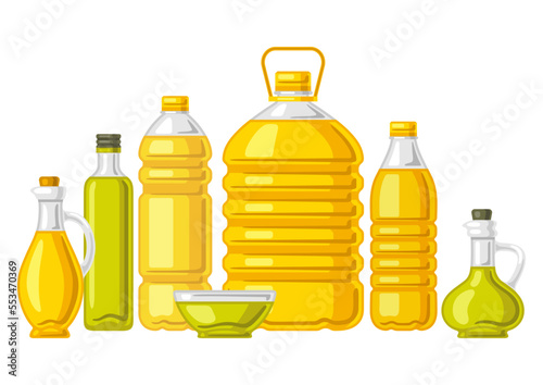 Illustration of bottles with oil. Image for culinary and agriculture.