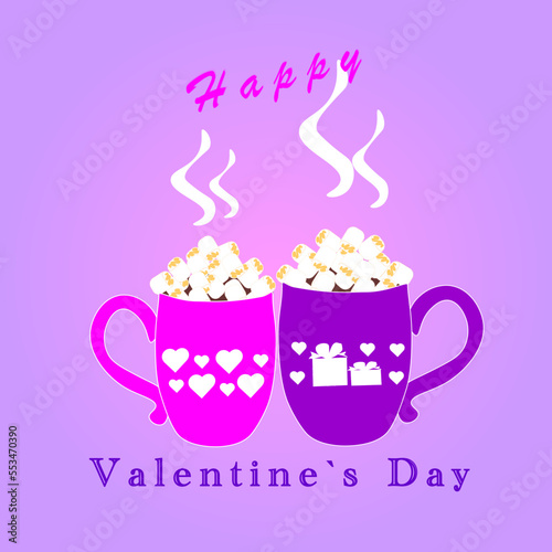 Happy Valentine s Day cups cocoa coffee marshmallow hearts present gift pink violet