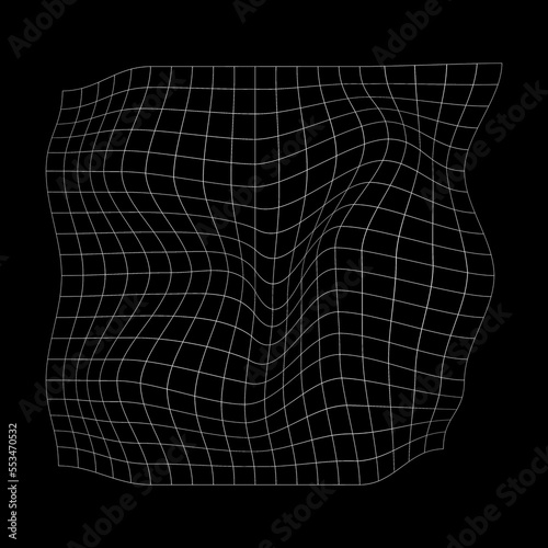 Distorted square grid. Warped mesh texture. Curvatured net. Checkered pattern deformation. Bented white lattice surface isolated on black background photo