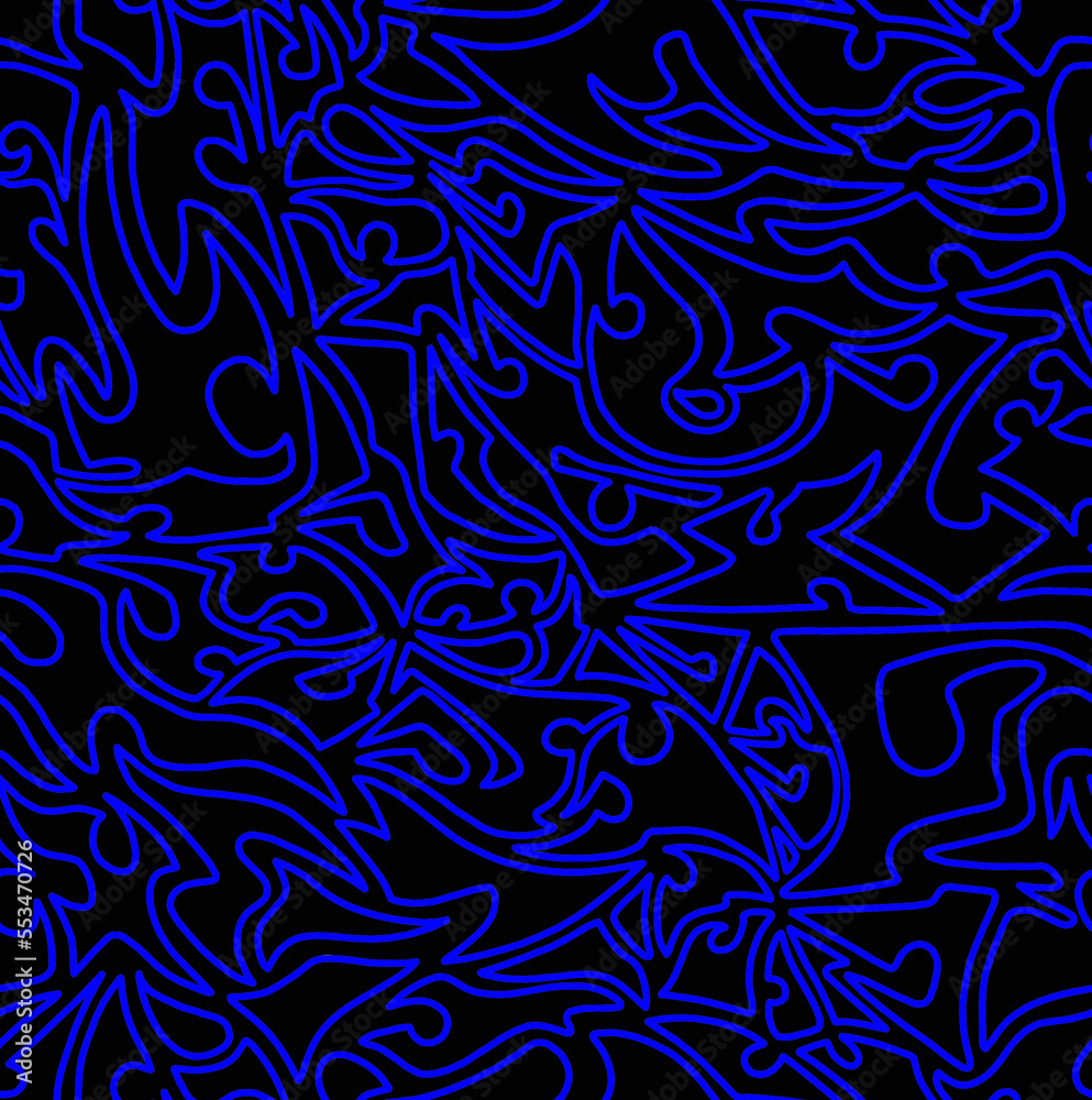 Abstract drawing with blue lines on a black background.Seamless pattern. Abstract drawing with blue lines on a black background.Seamless pattern.