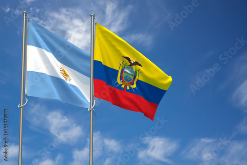 Argentina and Republic of Ecuador Flags Over Blue Sky Background. 3D Illustration