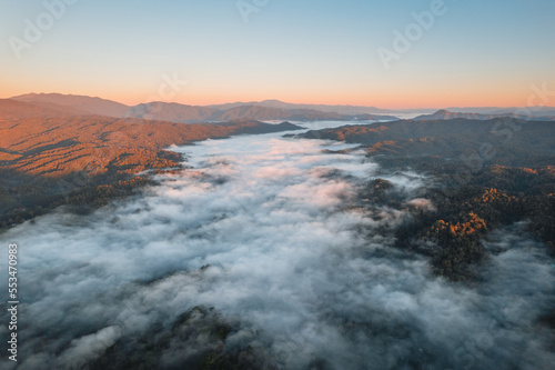 Mountains and fog in the morning, high angle view