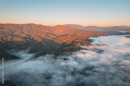 Mountains and fog in the morning, high angle view