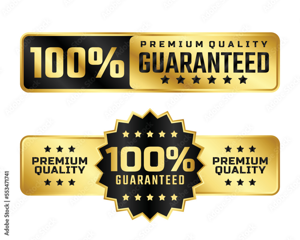 100% Guaranteed badge logo vector with black and gold color for product ...