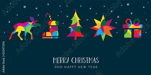 Christmas tree, Star, Reindeer and gift Vector illustration concept on dark background