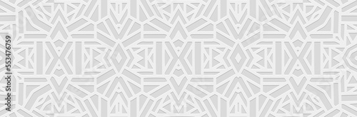 Banner, cover design. Embossed geometric 3d pattern on a white background, paper press, doodle and zentangle technique. Tribal ethnic motifs, unique exotic ornaments in boho style.