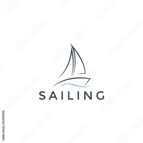 Simple sailboat sailing ship in Sea Ocean Wave, Simple sailboat vector logo design template