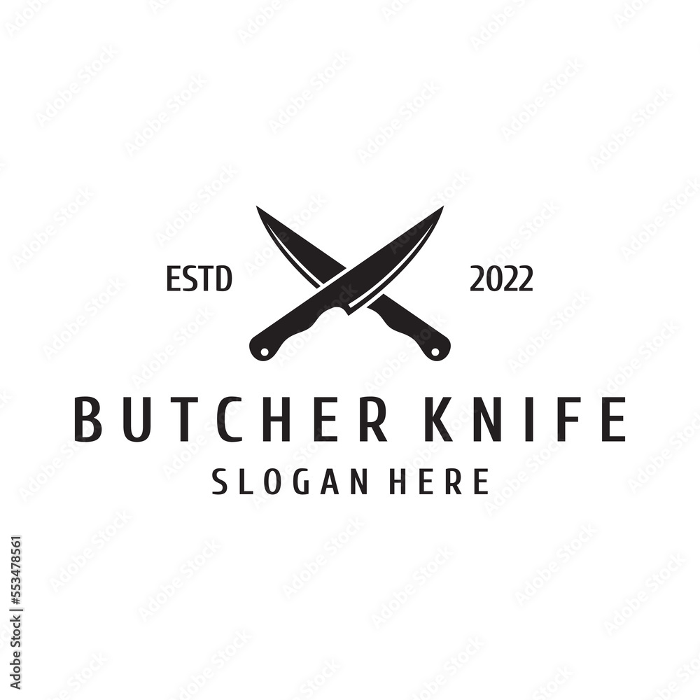 Chef knife logo template design, vintage butcher knife.Logo for business, badge,restaurant,butcher shop,cafe,brand and knife shop.